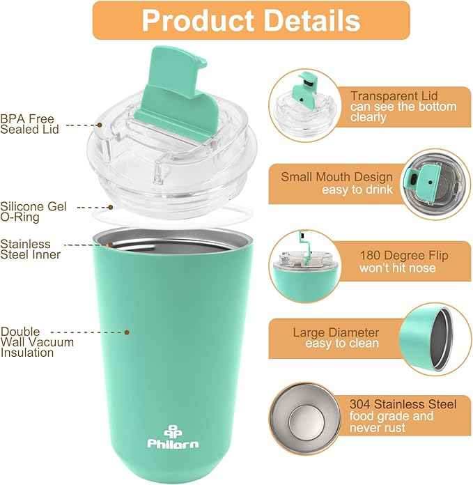 PHILORN Coffee Mug 12 OZ Tumbler, Green Travel Coffee Mug with Lid, Coffee Thermos for Hot & Cold Drinks, Insulated Stainless Steel Travel Coffee Cup with Double Wall