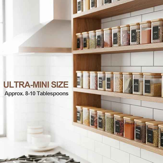 ComSaf Spice Jars with Label 4oz 16 Pack, Glass Spice Jars with Bamboo Lid, Mini Seasoning Containers with 54 Black Labels, Stackable for Kitchen, Pantry Organization, Loose Tea, Herbs, Powders, Salt