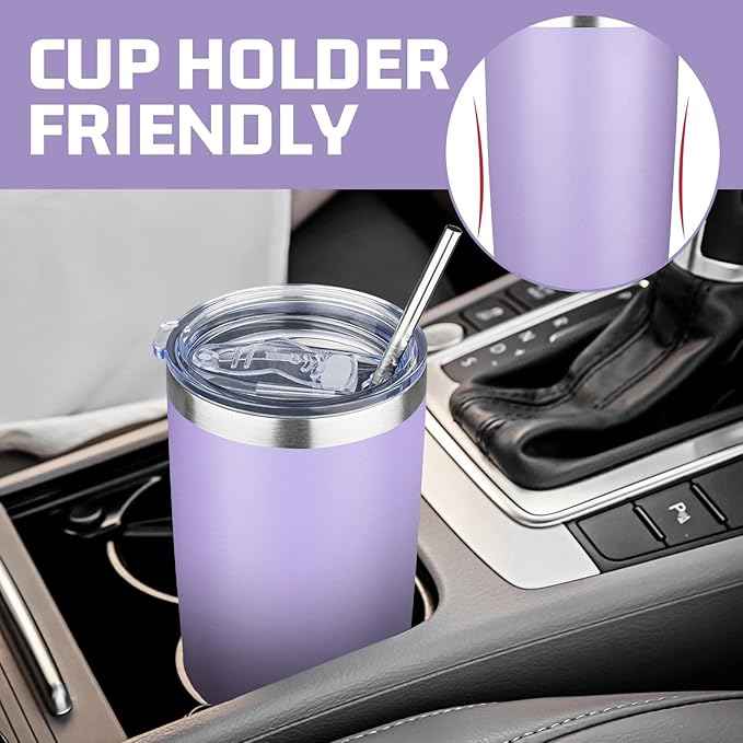 20 oz Tumbler with Lids and Straws, Stainless Steel Insulated Travel Coffee Mug, Double Wall Vacuum Insulated Tumblers, Powder Coated Coffee Tumbler for Cold & Hot Drinks (Light Purple,4pack)