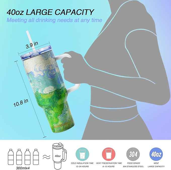 Jormungand 40 oz Tumbler with Handle and Straw, Vacuum Insulated Stainless Steel Cup & Water Bottle, Leakproof Lid, BPA-Free, Cup Holder Friendly for Travel, Keeps Drinks Hot & Cold Fields