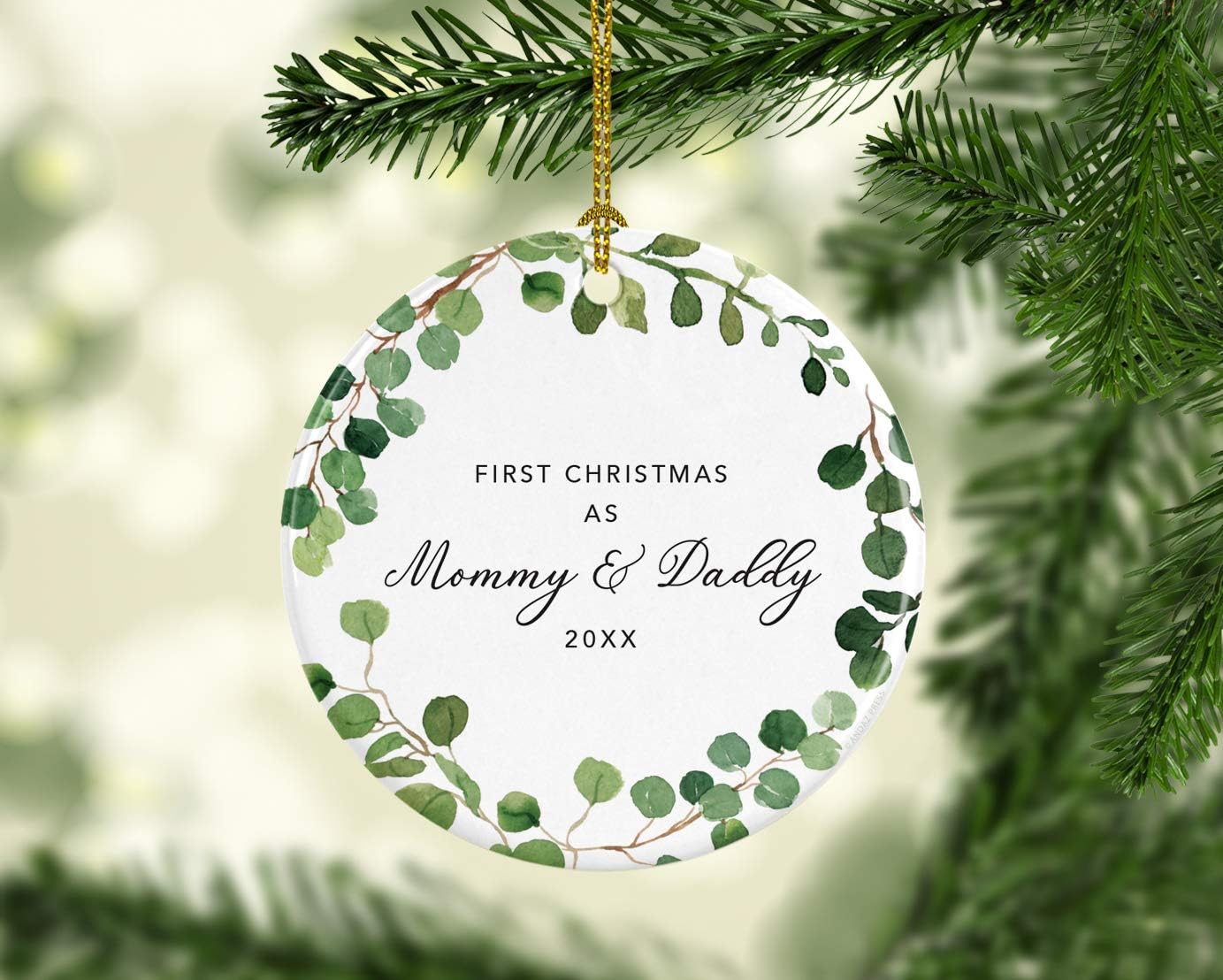 Andaz Press Custom Year Round Ceramic Porcelain Christmas Tree Ornament Keepsake Collectible Gift, First Christmas as Mommy & Daddy 2025, Farmhouse Eucalyptus Wreath, 1-PackNew