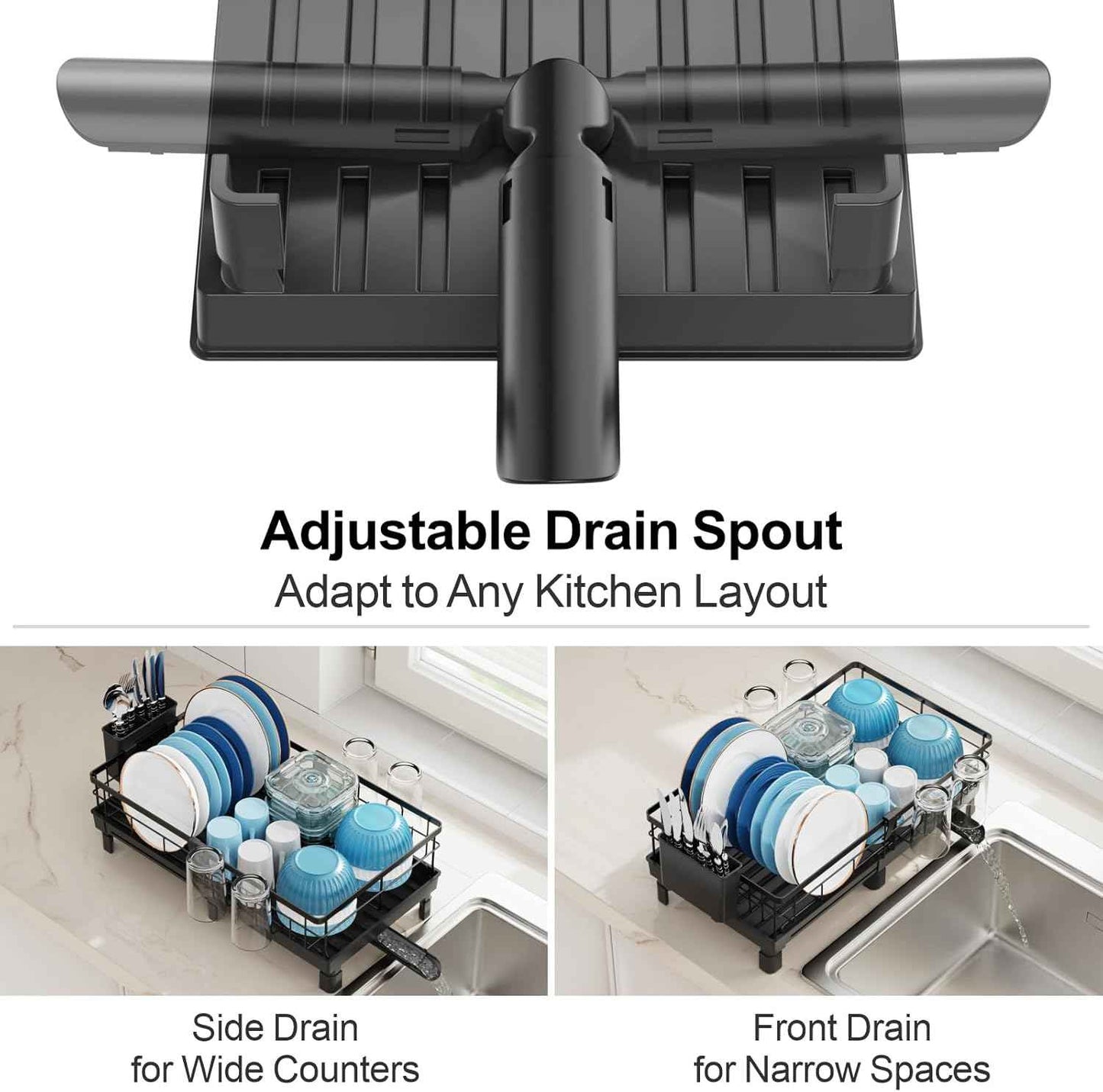 GSlife Expandable Dish Drying Rack for Kitchen Counter, 12-20.5 Inch Compact Dish Rack with Drainboard, Swivel Spout, Cup & Utensil Holder, Rust-Resistant Dish Drainer for Small Kitchen, RV, Black