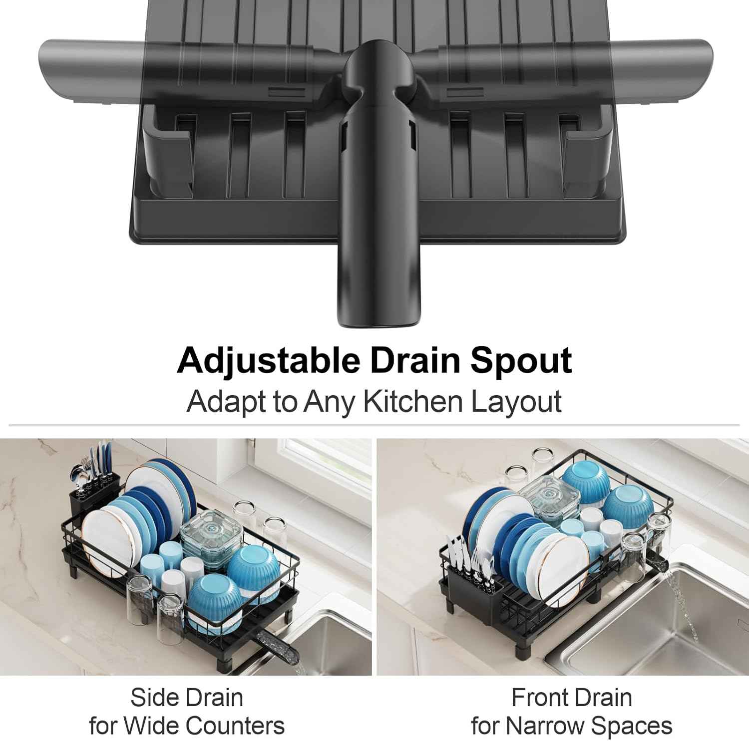 GSlife Expandable Dish Drying Rack for Kitchen Counter, 12-20.5 Inch Compact Dish Rack with Drainboard, Swivel Spout, Cup & Utensil Holder, Rust-Resistant Dish Drainer for Small Kitchen, RV, Black