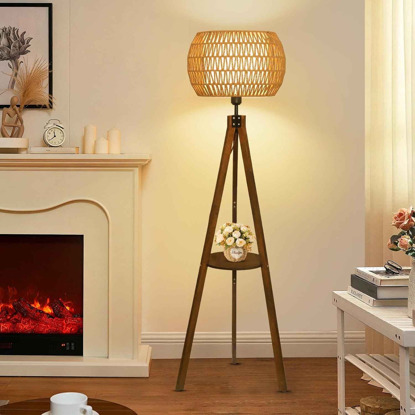 LAMSU Boho Tripod Floor Lamps for Living Room, Wood Floor Lamp with Shelf, Mid Century Modern Standing Lamp with Rattan Shades, Foot Switch, Rustic Farmhouse Tall Lamps for Bedroom Office, Brown