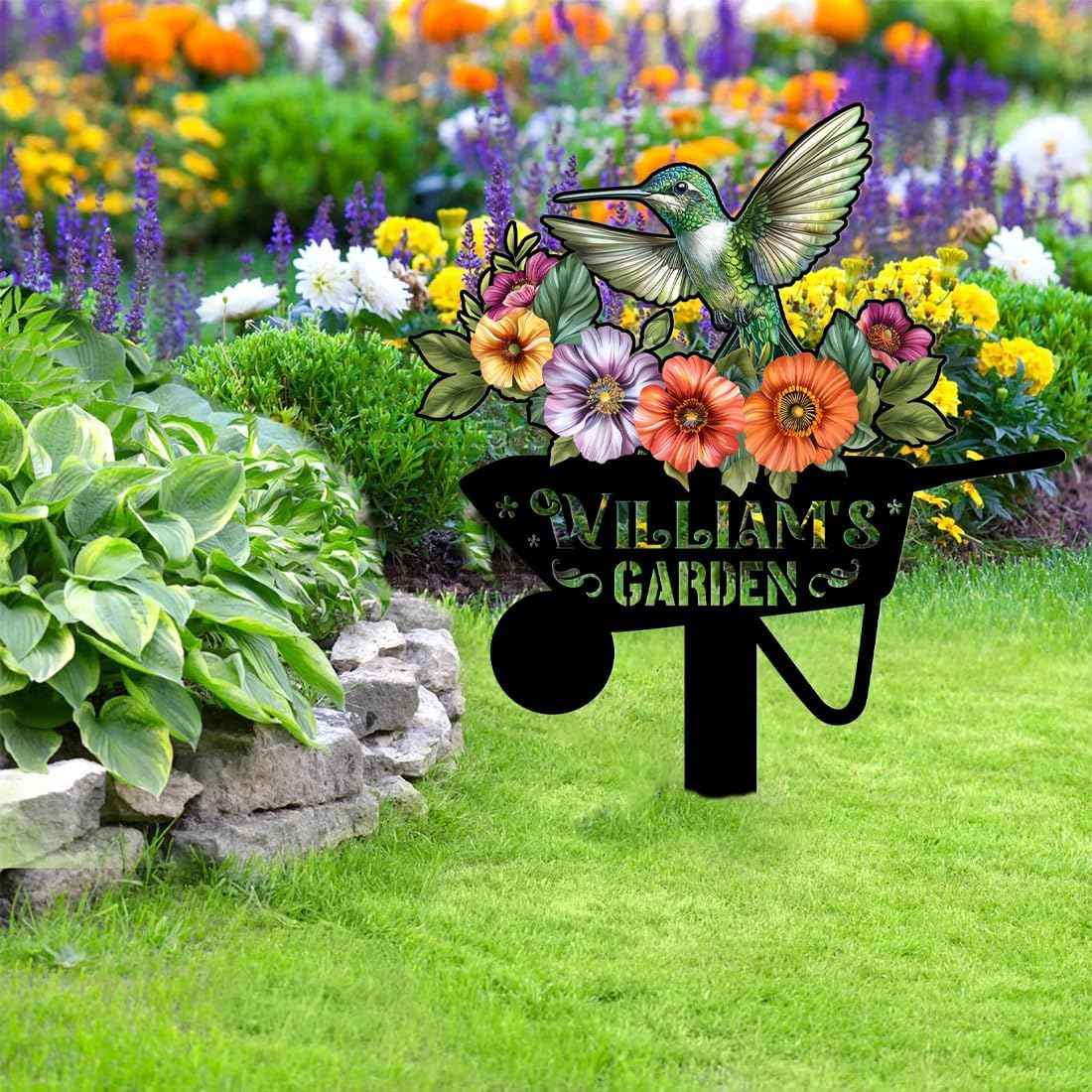 Personalized Hummingbird Bird Flowers Garden Sign Metal Garden Markers Stake Loss of Colorful Flowers Bird Garden Decor Sign Outdoor Plaque Memory Yard Art Stake Customized Garden Sign with Stakes
