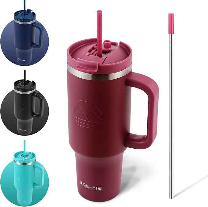 FAHRMOSIS 40 Oz Tumbler with Handle and Straw Insulated Cup that Fits in Cup Holder for Hot & Cold Drinks Leak Proof Tumbler with Straw Stainless Steel Travel Mug for Men & Women - Red
