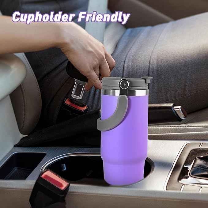 30 oz Tumbler with Handle and Straw Lid, Double Walled Vacuum Insulated Water Bottle Leakproof Tumbler Travel Coffee Mug Thermal Cup, Cupholder Friendly for Office, Home, Sport, Purple
