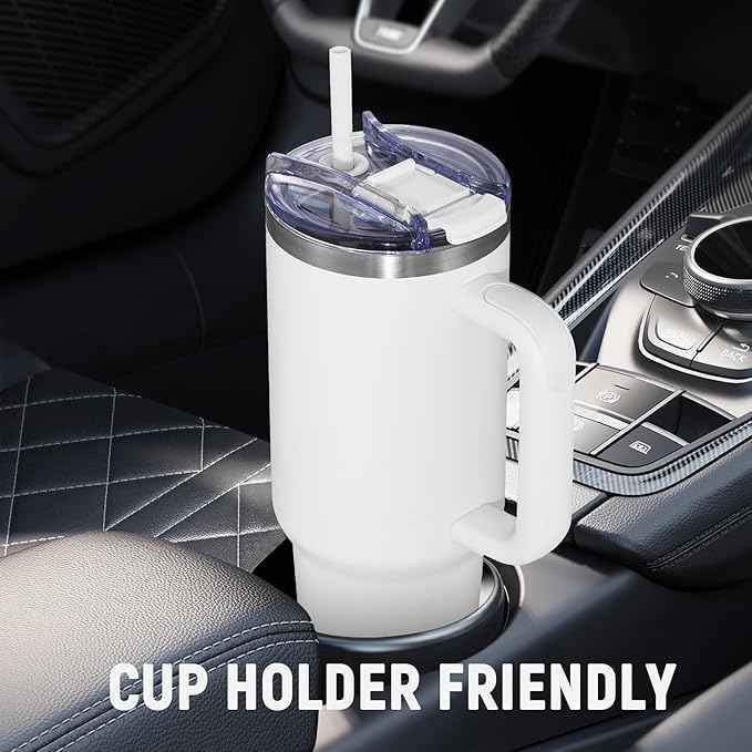 COKTIK 40 oz Tumbler With Handle and Straw, Insulated Tumbler With Leakproof Lids, Stainless Steel|BPA-Free, Cold for 24 H (Snow)
