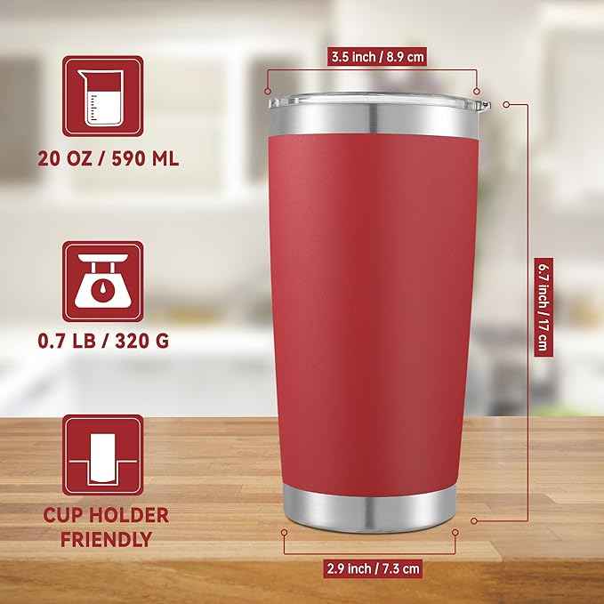 20 oz Tumblers Bulk Stainless Steel Tumbler with Lid Double Wall Vacuum Insulated Coffee Mug 20oz Powder Coated Cup for Hot and Cold Drinks, Red, 12 pack