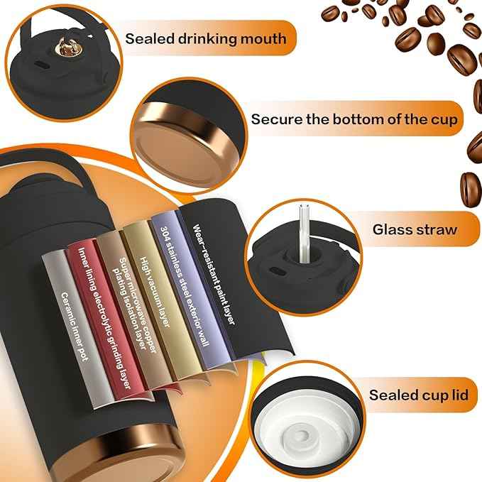 26oz Ceramic Coated Water Bottle, 3-Way Drinking (Straw/Sip/Wide Mouth), 6H Hot & Cold Insulated Water Bottle Leakproof Travel Cup with Handle - Black