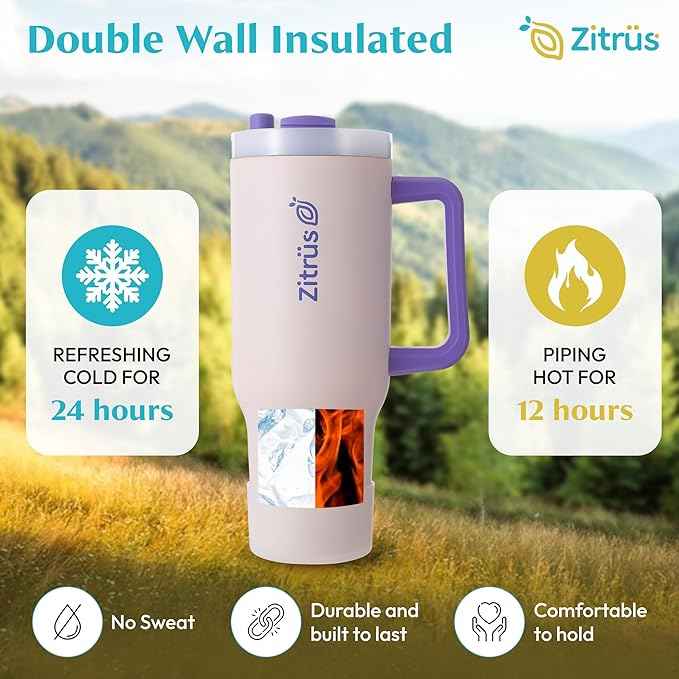 40 oz Tumbler with Handle and Straw | Leak Proof Insulated Stainless Steel Water Bottle Travel Mug Fits in Cup Holder | Keeps Cold Hot | Gifts for Women Men Him Her (Pink, 40 oz)