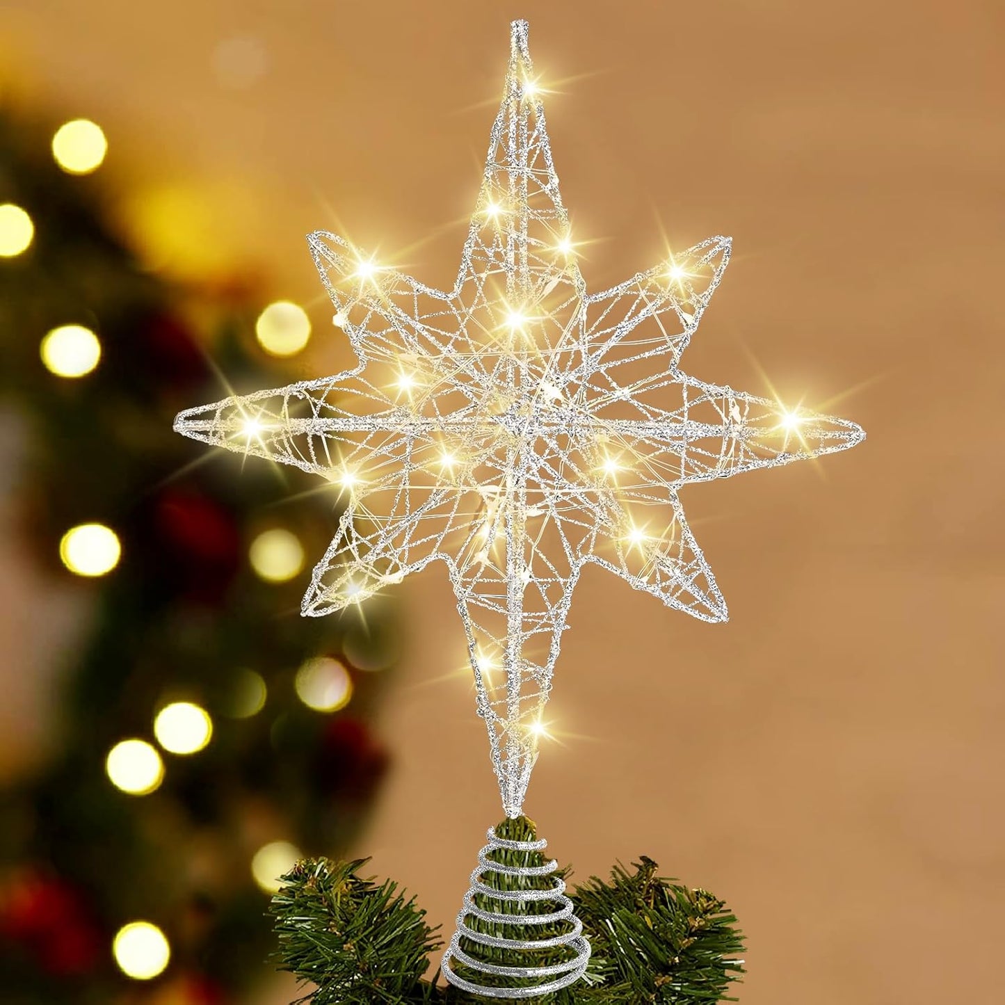 Christmas Tree Topper 13.5” Silvery Star Tree Toppers with 20 LED Lights for Christmas Tree Decorations, Xmas Tree Top Ornament for New Year Holiday Home Office Indoor