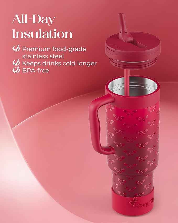 40 oz Insulated Tumbler with Handle and Push-Button Straw Lid, Stainless Steel Travel Cup for Gym Office, Leakproof, BPA-Free, Cup Holder Friendly, Bow Silicone Boot, Red (Coquette Cherry)
