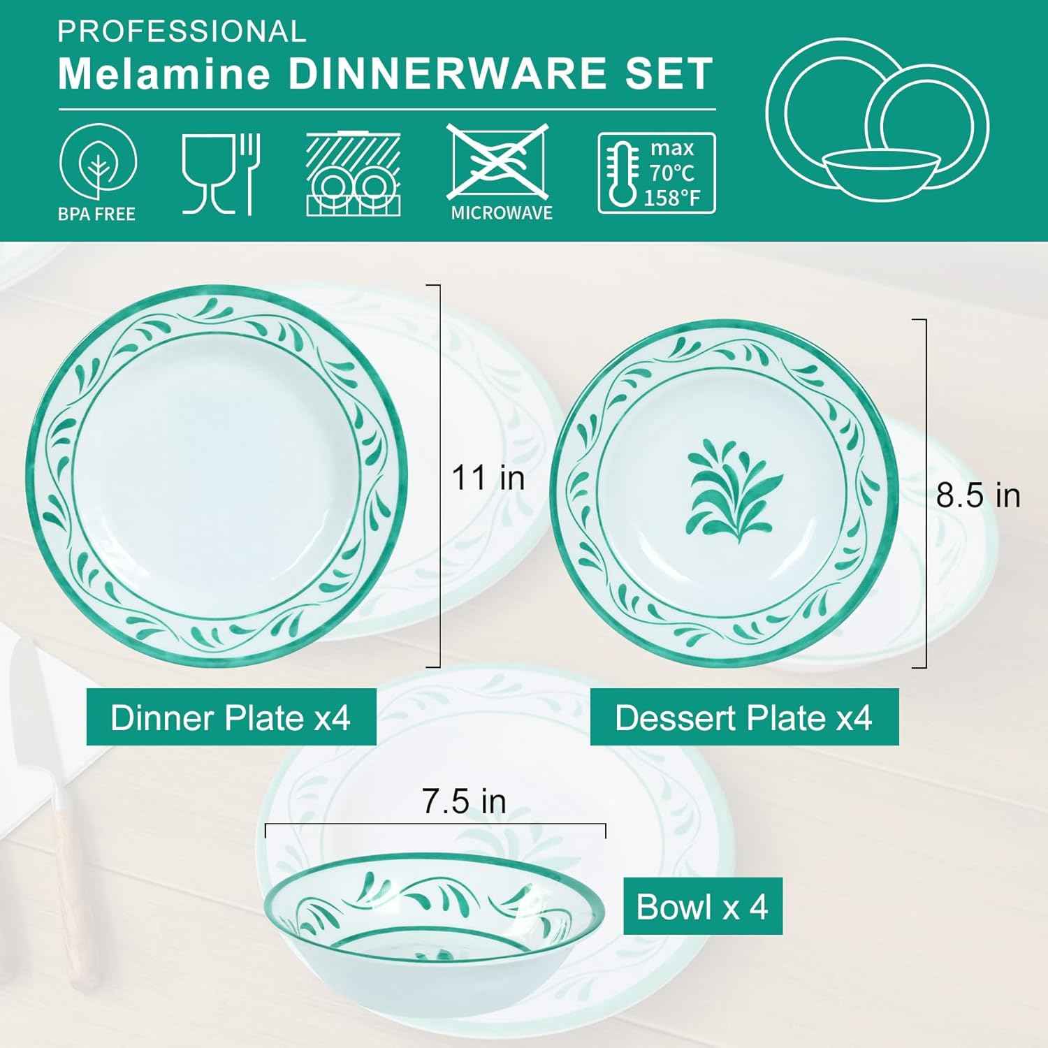 Melamine Dinnerware Sets 12 Pcs, Melamine Plates and Bowls,Party Plates and Bowls Sets, Camping Dishes Set for 4, Unbreakable, BPA Free, Dishwasher Safe （Green water drop flower）
