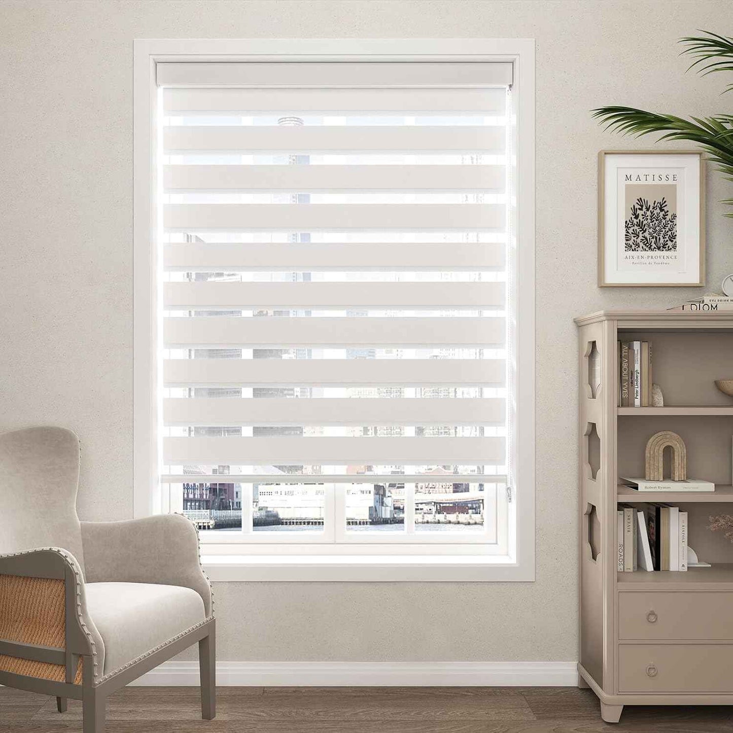 Zebra Blinds for Windows (34" W x 72" H, White) Zebra Roller Window Shades, Corded Dual Layer Light Filtering Privacy for Day and Night, Light Control and Protecting Privacy for Home and Office