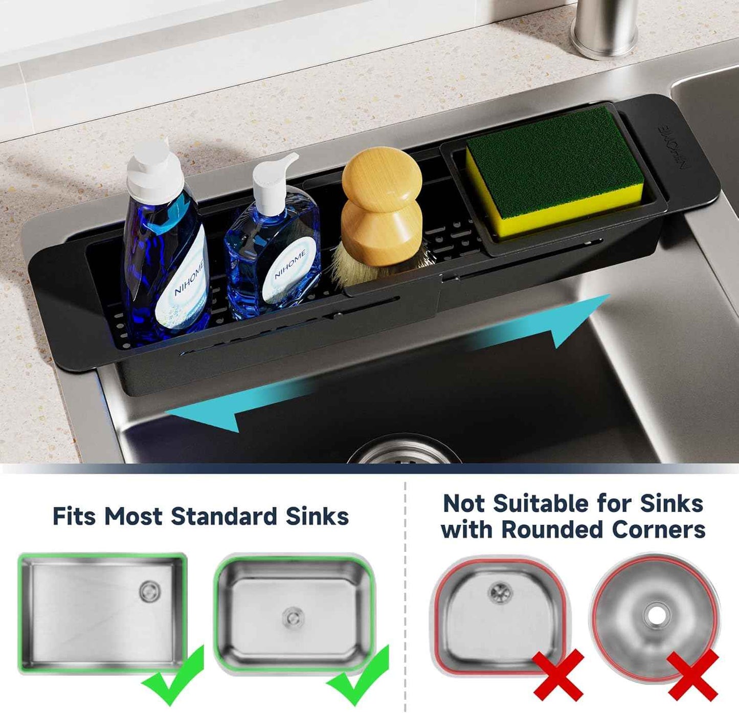 NiHome Extendable Over Sink Kitchen Organizer, Small Telescopic Brush Storage Rack for Sponge, Non-Slip Pads Expandable Sink Caddy, Adjustable Sponge/Brush Rack with Drainage Durable ABS (Black)