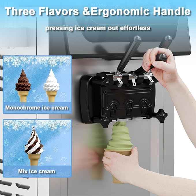 Commercial 2+1 Flavor Soft Ice Cream Machine, 5.8 to 8 gal Per Hour Soft Serve, 2200W Stainless Steel Vertical Ice Cream Maker with Self-Cleaning, High Productivity, Perfect for Home and Snack Bar