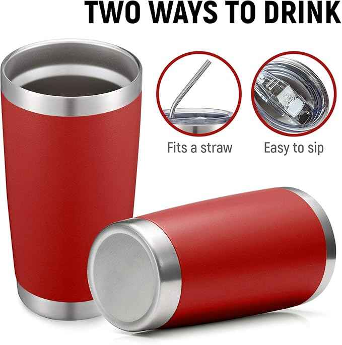 COMOOO 20oz Double Wall Vacuum Insulated Travel Mug, Stainless Steel Tumbler with Lid and Straw Durable Powder Coated Insulated Coffee Cup for Cold & Hot Drinks (red，12 pack