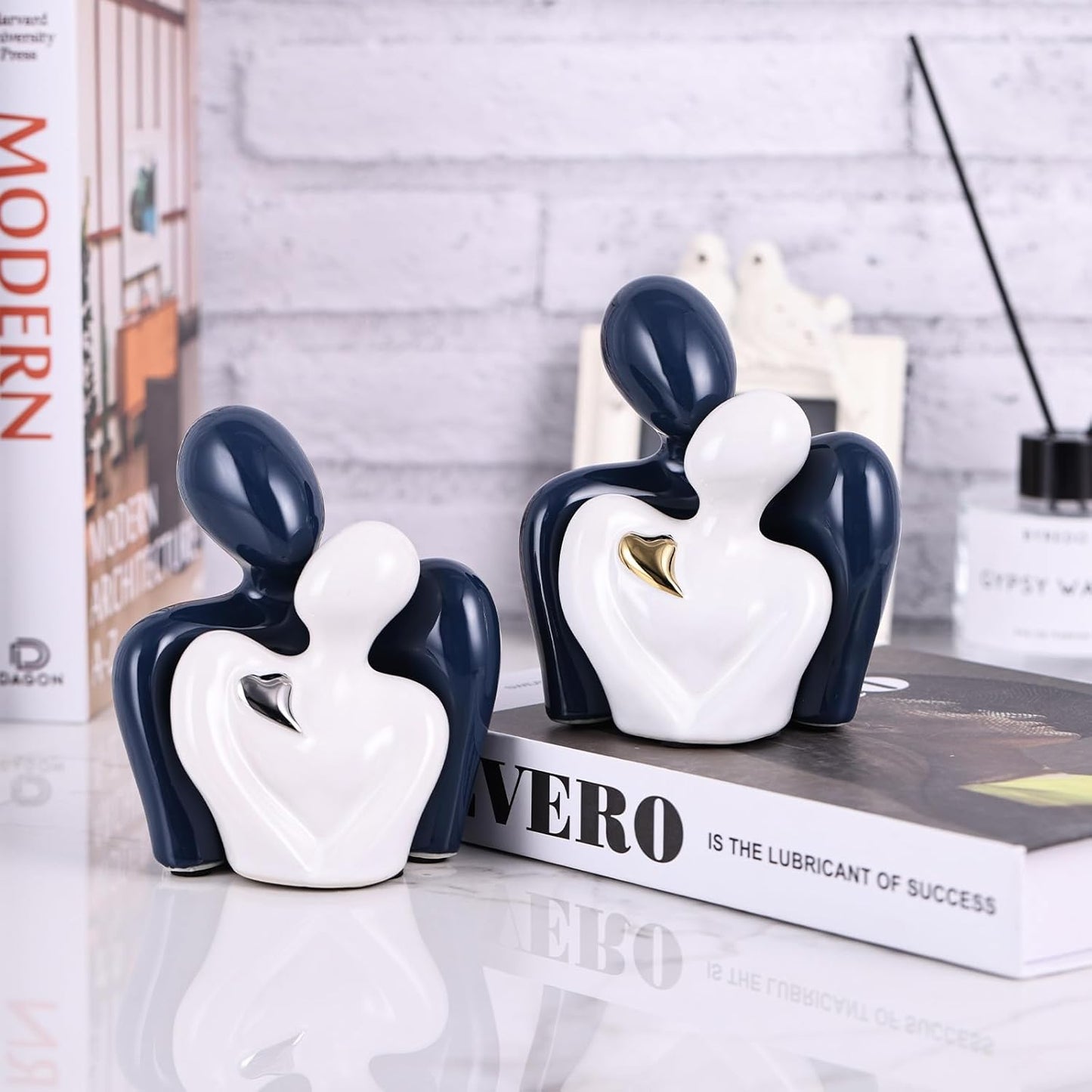 Mini Couple Ceramic Small Statue, Romantic Couple Figurine for Home Decor, Tv Stand, Living Room Nick nacks, Dresser for Bedroom, Shelves, Valentine, Items for Wedding Decor (Blue White and Silver)