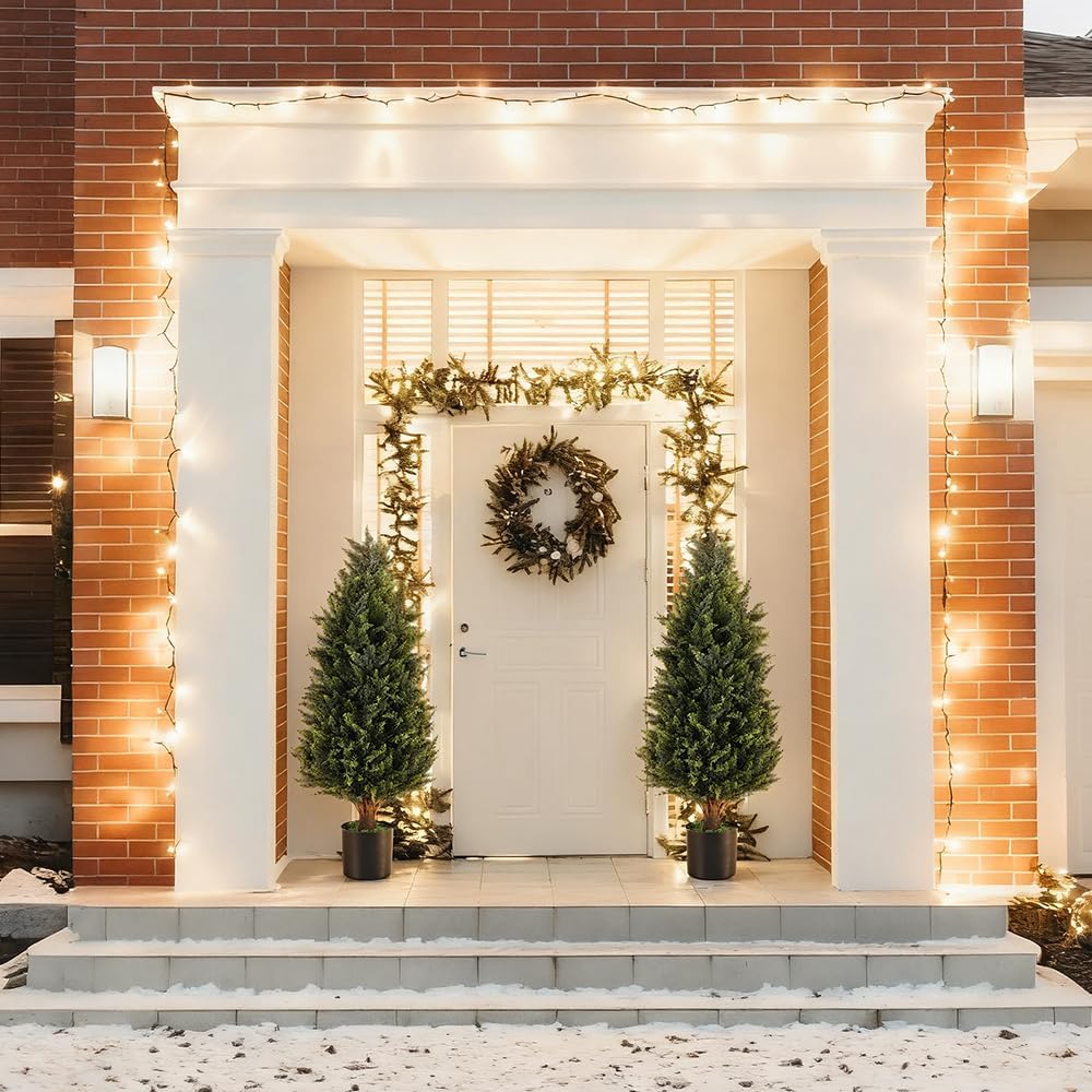 3FT Artificial Cedar Topiary Trees Set of 2, UV Resistant Lifelike Fake Evergreen Pine Potted Shrubs Plants Outdoor, Realistic Faux Cypress Bushes for Front Porch Indoor Home Garden Christmas Decor