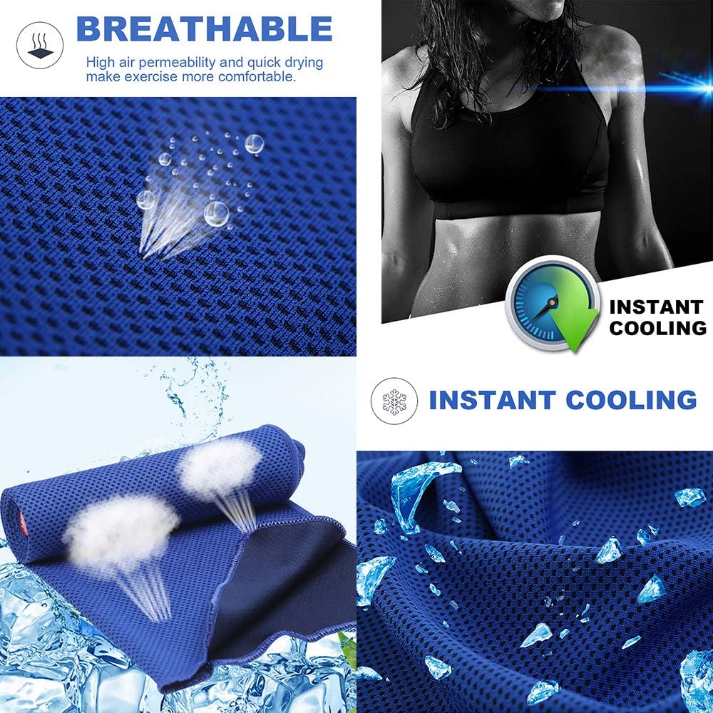 10 Pack Cooling Towels Bulk Microfiber Ice Towel Quick Dry Breathable Chilly Sweat Towel Stay Cool Towel for Neck Face Yoga Gym Workout Running Beach with Carabin Bag, 40x12'', Dark Blue