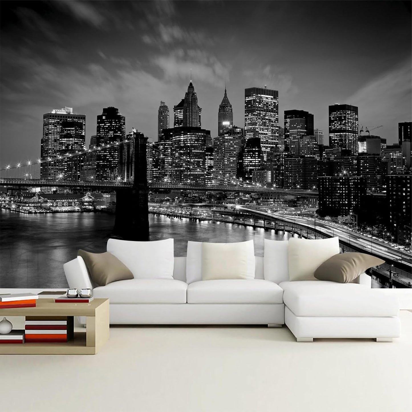 WFBHUA-Brooklyn Bridge Wall Mural Black New York City Landscape Photo Wallpaper for Living Room Bedroom(Not Peel and Stick)