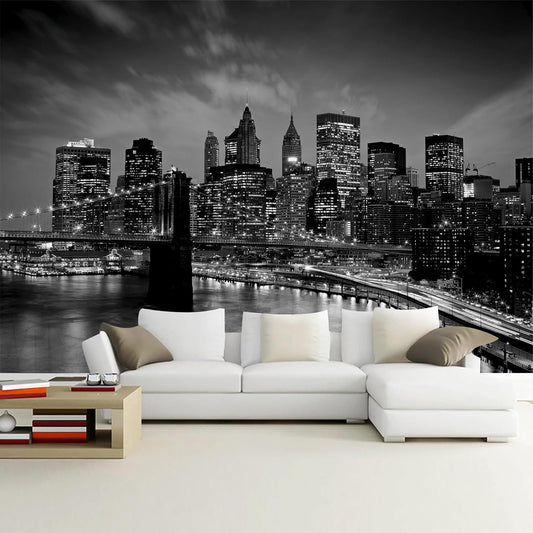 WFBHUA-Brooklyn Bridge Wall Mural Black New York City Landscape Photo Wallpaper for Living Room Bedroom(Not Peel and Stick)