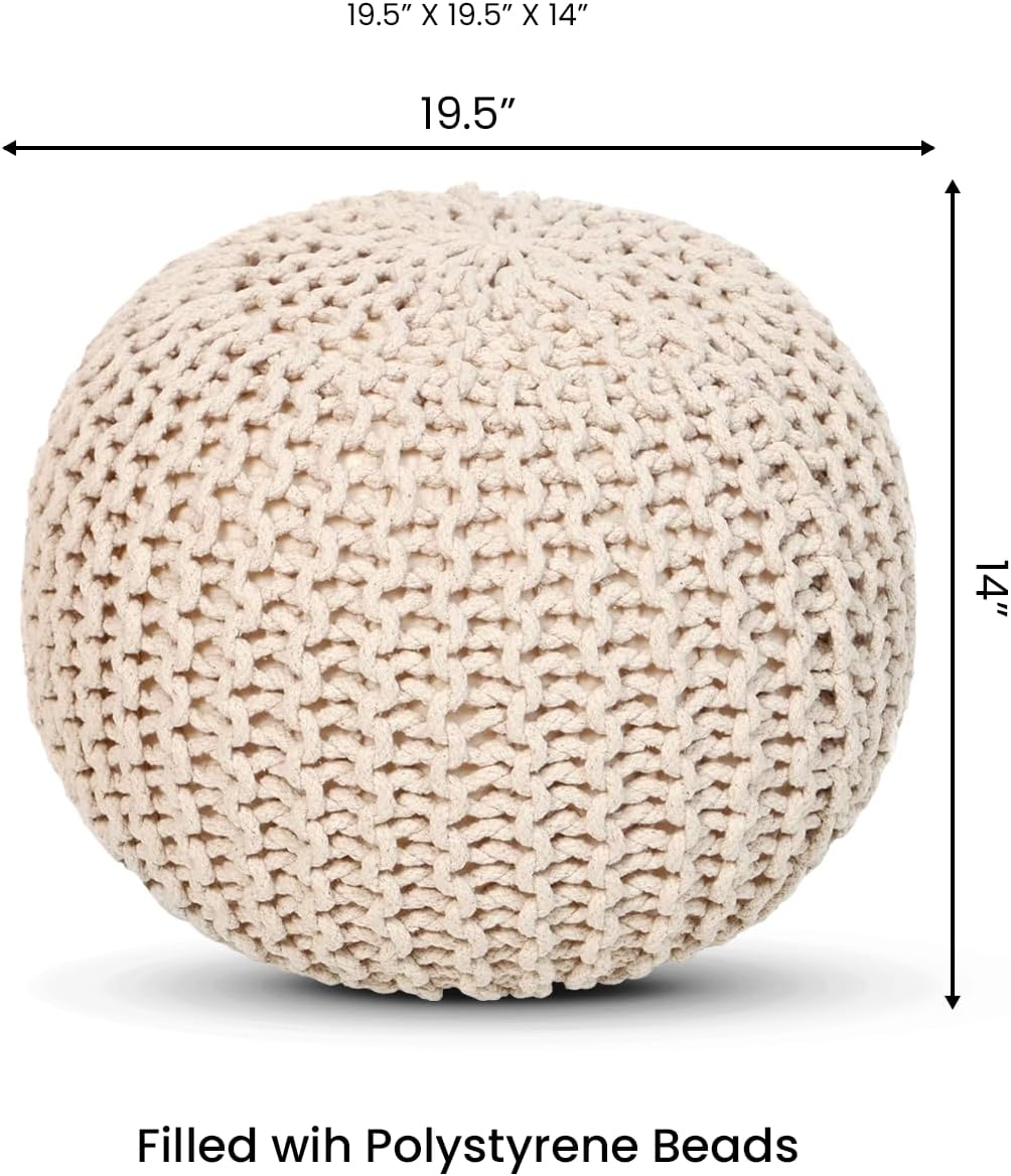 REDEARTH Round Pouf Ottoman - Cable Knitted Boho Poof - Home Décor Cord Pouffe Handmade Circular Footrest for Living Room - Bedroom - Kids Bedroom - 100% Cotton Pouf (19.5"x19.5"x14") - Ivory