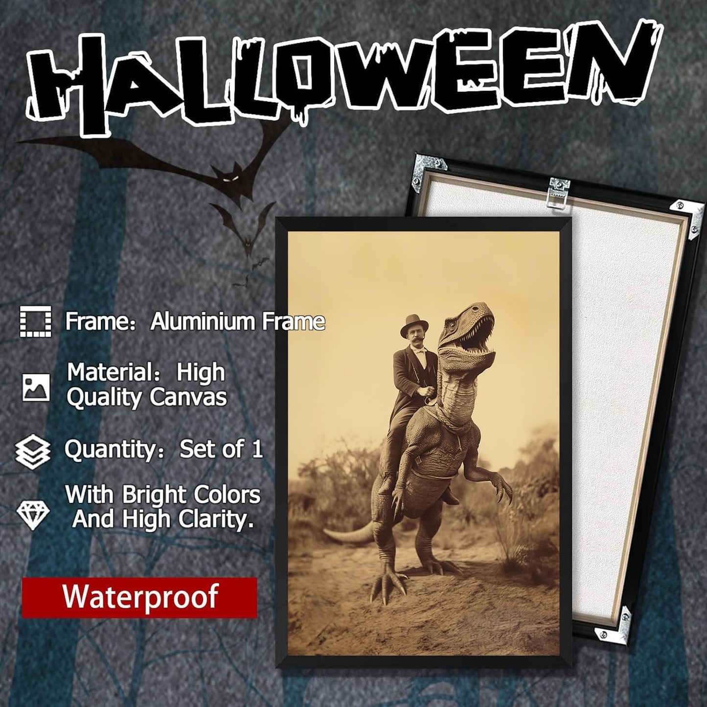 Goth Decor Antiqued Wicca Art Poster Dark Academy Dinosaur And Cowboy Canvas Wall Art Horror Posters Spooky Indoor Art Family Bedroom Office Space Decor 24X36inch Aluminum Framed