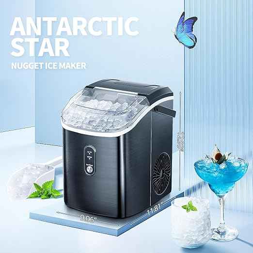 Antarctic Star Nugget Ice Maker Countertop, 34 lbs/Day Pellet Ice Machine with Self-Cleaning, Fast Ice Ready in 10 Minutes, Portable Ice Maker with Handle for Home, Office, RV, Camping(Black)