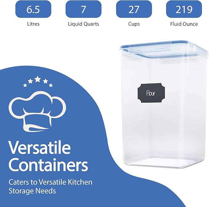 Chef's Path Extra Large Airtight Food Storage Containers with Blue Lid Color, Pack of 6, Kitchen and Pantry Canisters for Flour, Sugar, and Baking Supplies, Includes Measuring Spoons, Labels, and Pen