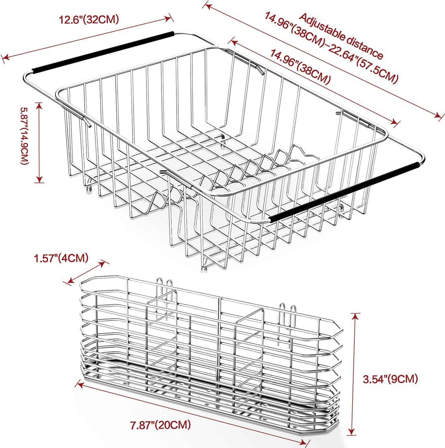 Large Sink Dish Drying Rack, Expandable 304 Stainless Steel Metal Dish Drainer Rack Organizer Shelves with Stainless Steel Utensil Holder Over Inside Sink, Rustproof