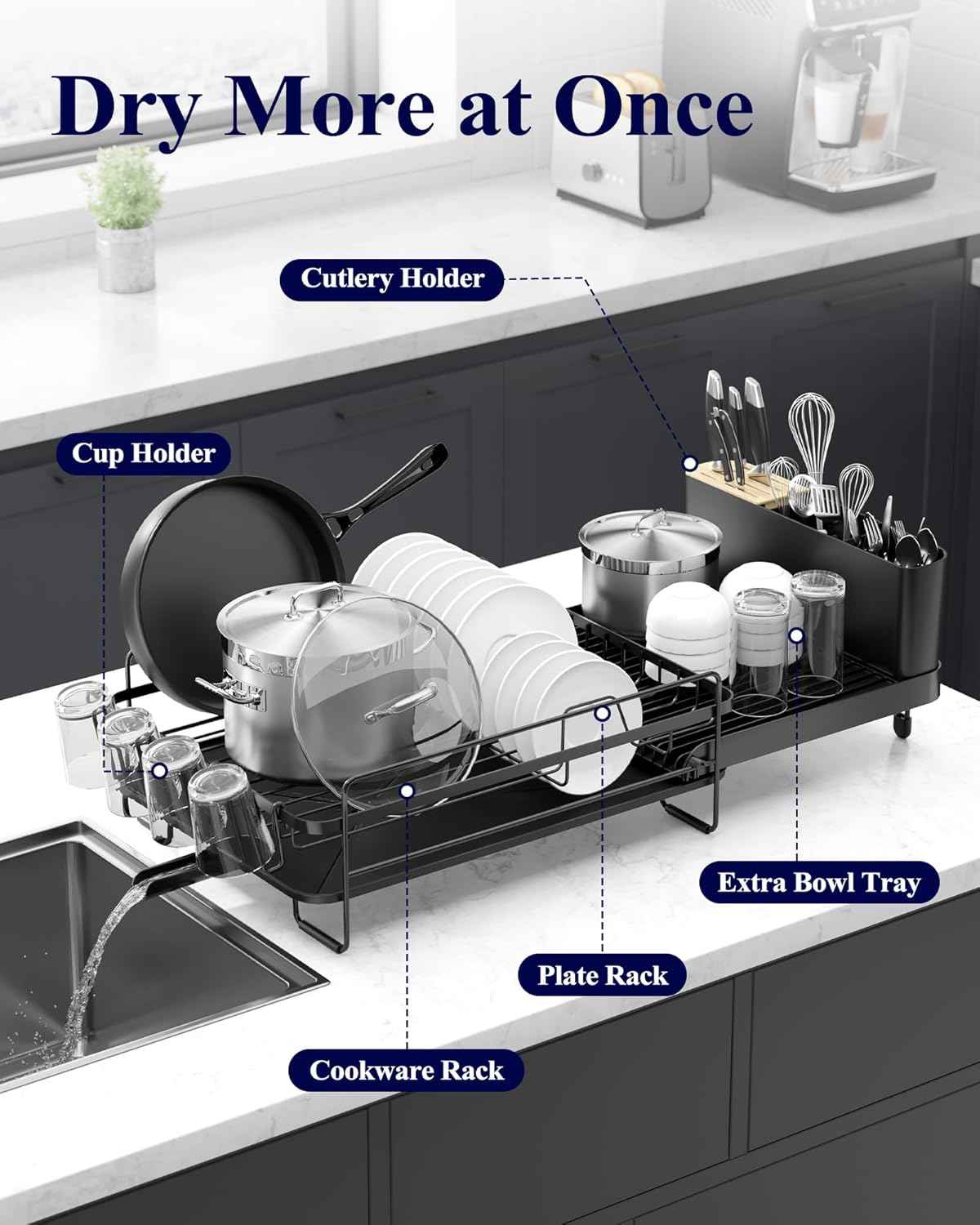 Kitsure Large Dish Drying Rack - Extendable Dish Rack, Multifunctional Dish Rack for Kitchen Counter, Anti-Rust Dish Drainers with Cutlery & Cup Holders 19.2"-26.7" L x 12.9" W, Black
