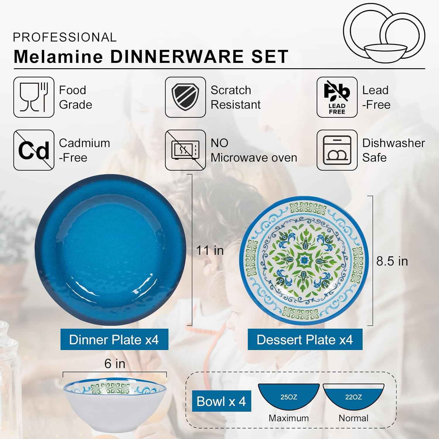 12-Piece Melamine Dinnerware Set – Unbreakable Plates and Bowls Sets,4 Dinner Plates + 4 Salad Plates + 4 Cereal Bowls,Camping Dishes Set for Indoor/Outdoor Use, Dishwasher Safe, Service for 4