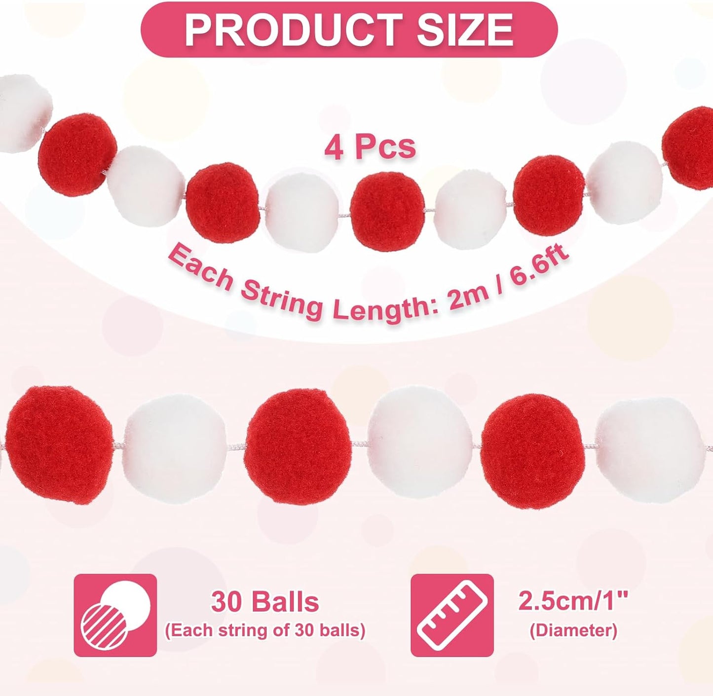 PATIKIL 26Ft Pom Pom Garland Decorations, 4Pcs Colorful Felt Ball Garland Banner Cute Rainbow Pompom Hanging Decorations for Tree Ornaments Homes Decor, Red/White