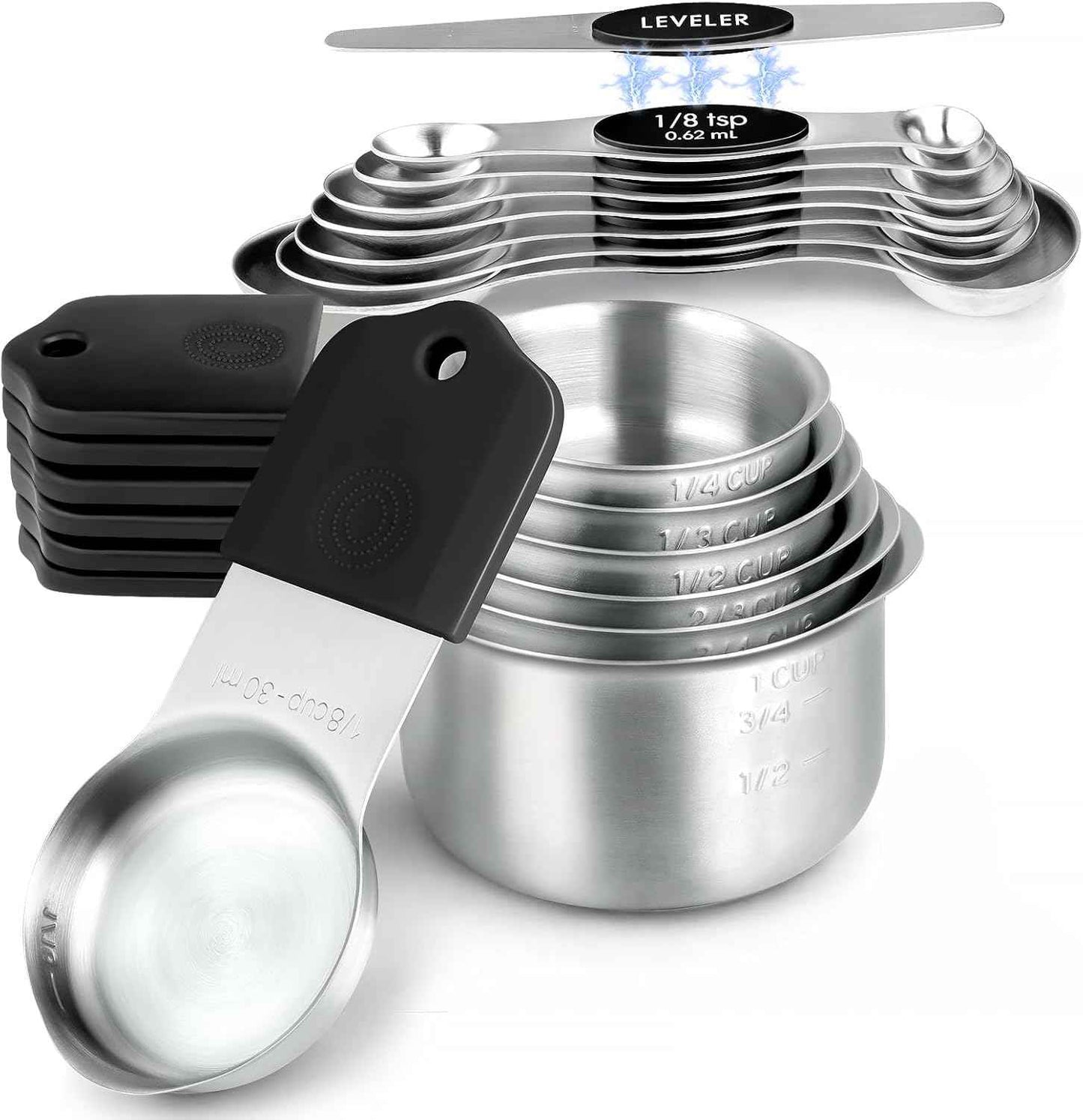Magnetic Measuring Cups & Spoons Set, Strong N45 Magnets, Heavy Duty Stainless Steel Fits in Spice Jars for Baking & Cooking, BPA Free, Round Set of 15 with Leveler,Dark Black