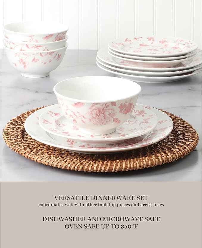 Martha Stewart Empress Bouquet 12-Piece Decorated Porcelain Chip and Scratch Resistant Dinnerware Plates and Bowls Set - Pink Floral