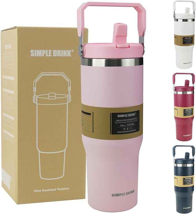30oz Flip Straw Insulated Tumbler with Handle, Leak Proof Stainless Steel Water Bottle, Double Wall Vacuum Travel Coffee Mug for Cold Drinks, Gym Office Travel Essentials
