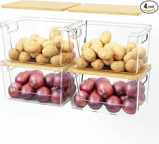 4 Set Pantry Organizer and Stackable Storage Kitchen,Sturdy and Durable Storage Basket for Potato, Onion, Garlic, Fruit, Vegetable, Produce, Clear Plastic Storage with Lid&Handle