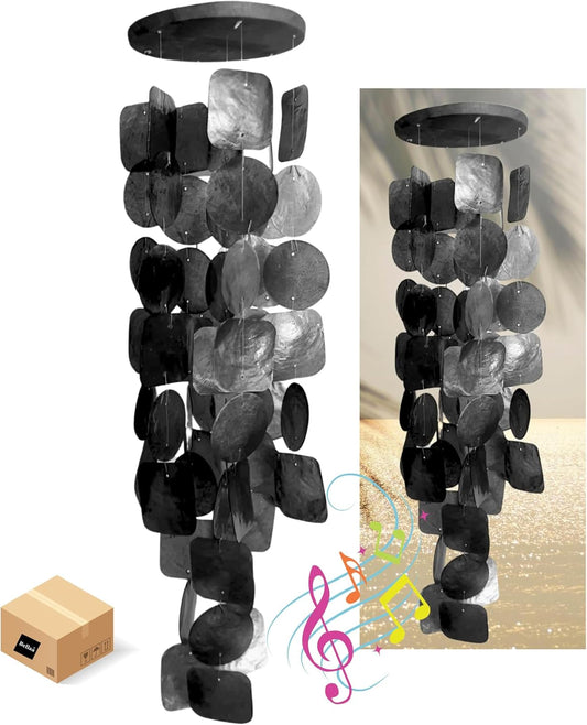 Bellaa 24995 Wind Chimes Outdoor, Garden Decorations, Musical, Indoor/Outside Windchimes, Beach, Ocean Breeze, Gifts for Mom, Gift for All Occasions, Capiz Sea Glass Shells Wood 27 inch Black