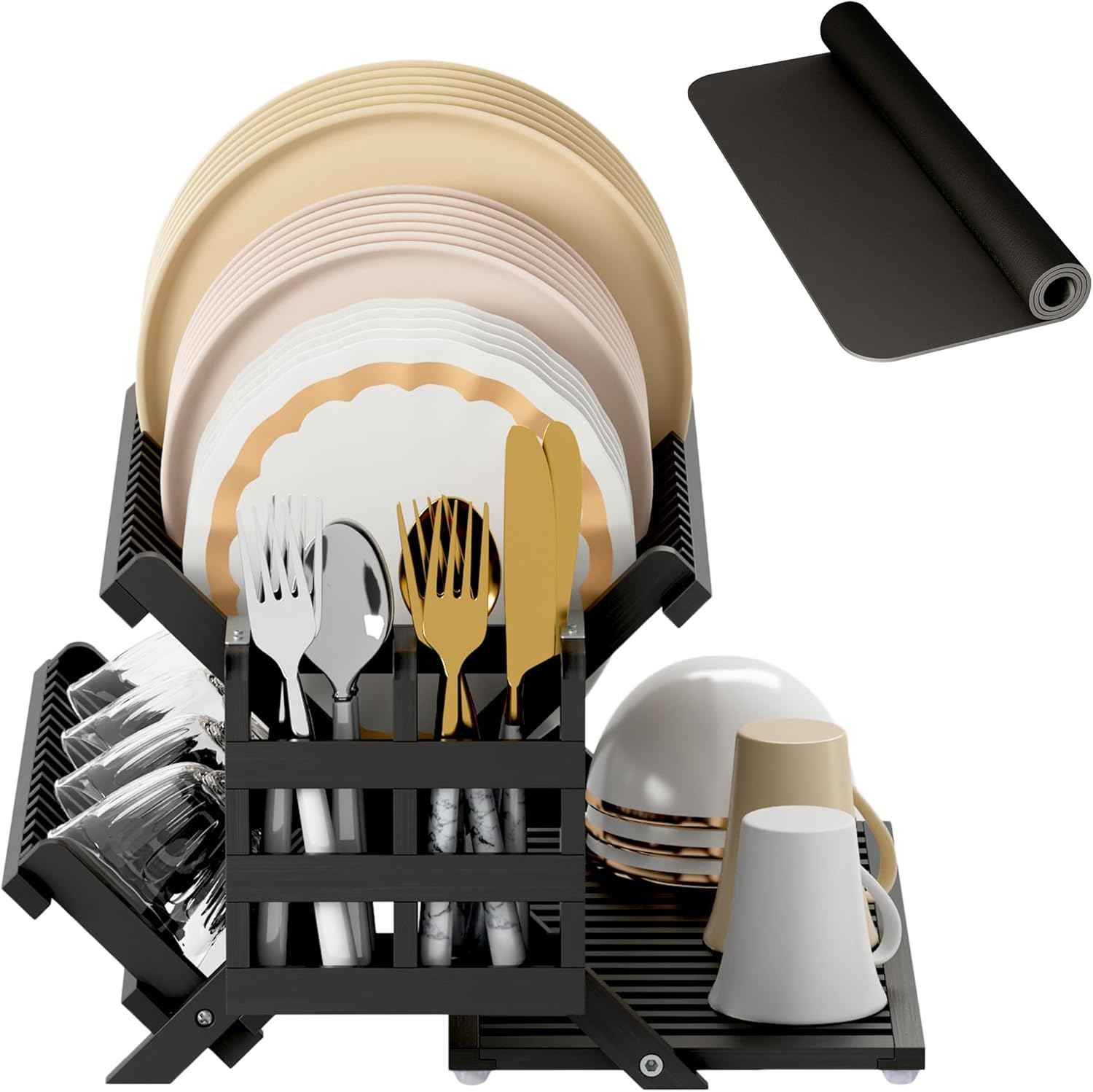 Greenual Black Bamboo Dish Drying Rack with Utensil Holder, 3 Tier Collapsible Dish Rack, Wooden Dish Racks for Kitchen Counter, Large Folding Drying Holder with Absorbent Dish Drying Mat