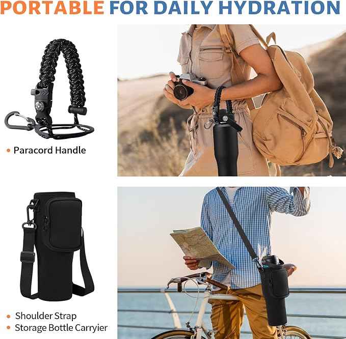 32 oz Insulated Water Bottle - Fits in Car Cup Holder, Cold 48H Hot 24H, Leakproof Stainless Steel Water Bottles with Straw & Pop-up Spout Lid, Paracord Handle, Bottle Holder Bag & Flask Boot