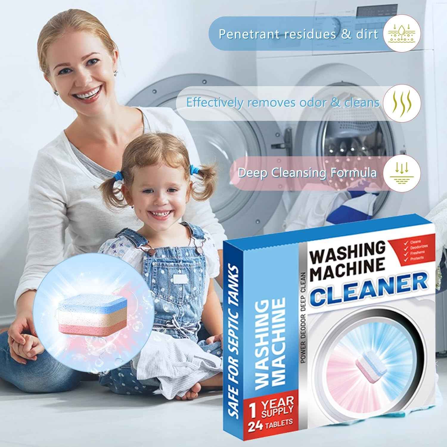 Washing Machine Cleaner Descaler 24 Pack, washing machine cleaning tablets deep Cleaning for HE Front Loader & Top Load Washer, Septic Safe Deodorizer,Clean Drum and Tub Seal,12 Month Supply