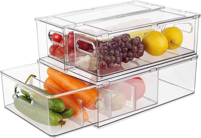 Taiuloo 3 Pack Stackable Refrigerator Organizer Bins with Pull-Out Drawer, Clear BPA-Free Food Storage Containers for Fridge Freezer, Kitchen Pantry Cabinet & Bathroom Vanity Organization