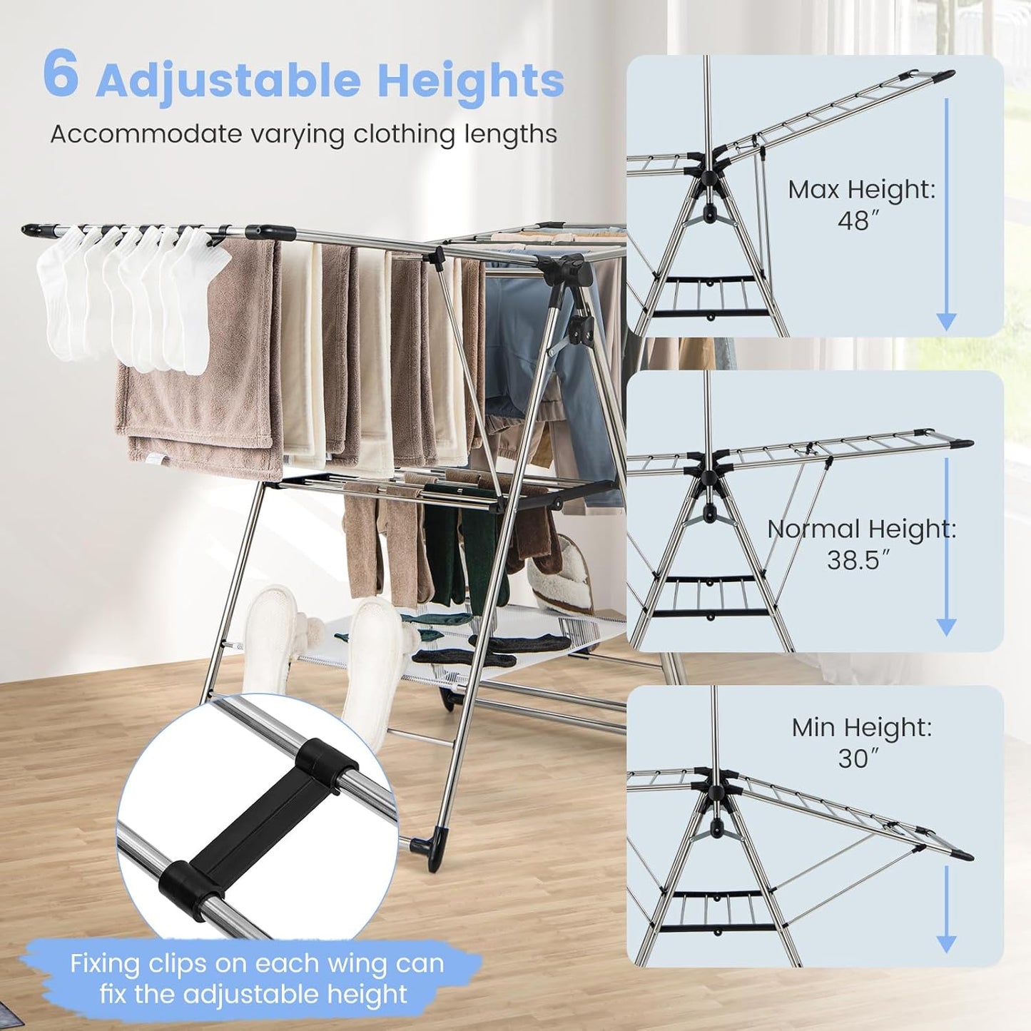 Giantex Clothes Drying Rack, Foldable Laundry Drying Rack with with 6-Level Adjustable Height, High Hanger Design, Side Clips, Space Saving Collapsible Laundry Drying Rack
