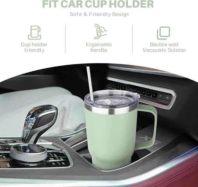 30 oz Tumbler with Handle, Stainless Steel Insulated Tumbler with Lid and Straw, Double Wall Vacuum Coffee Mug Tumbler, Insulated Coffee Thermal Cup for Cold and Hot (Matcha)