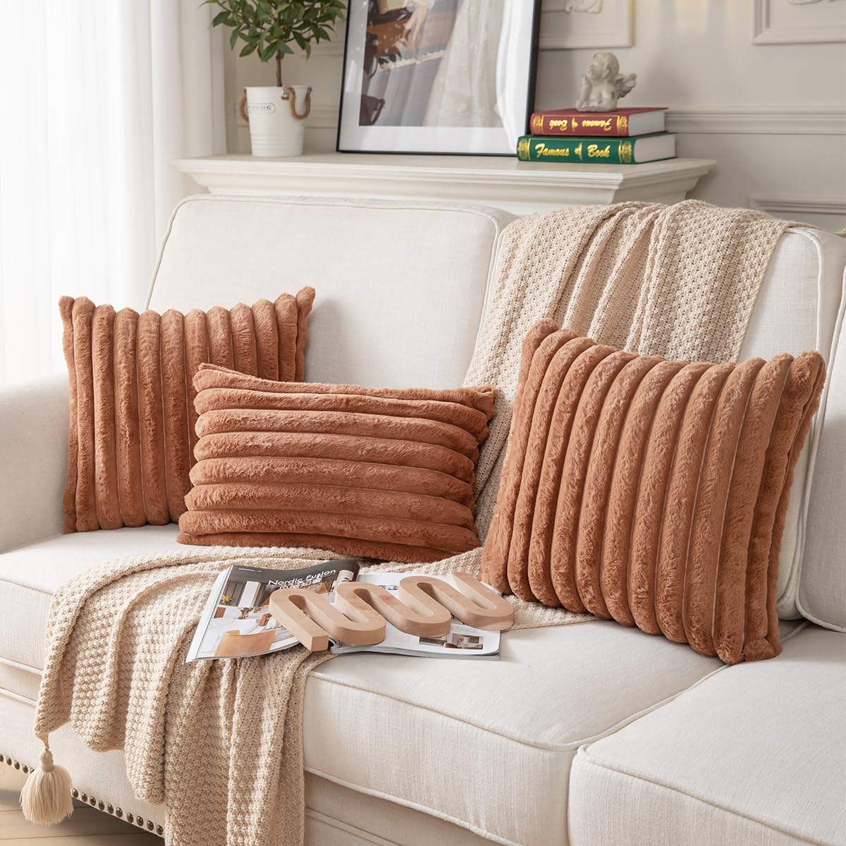 DEELAND Pack of 2,Double-Sided Faux Fur Plush Decorative Throw Pillow Covers Fuzzy Striped Soft Pillowcase Cushion Covers for Sofa Couch Bedroom Brown 20x20 inch