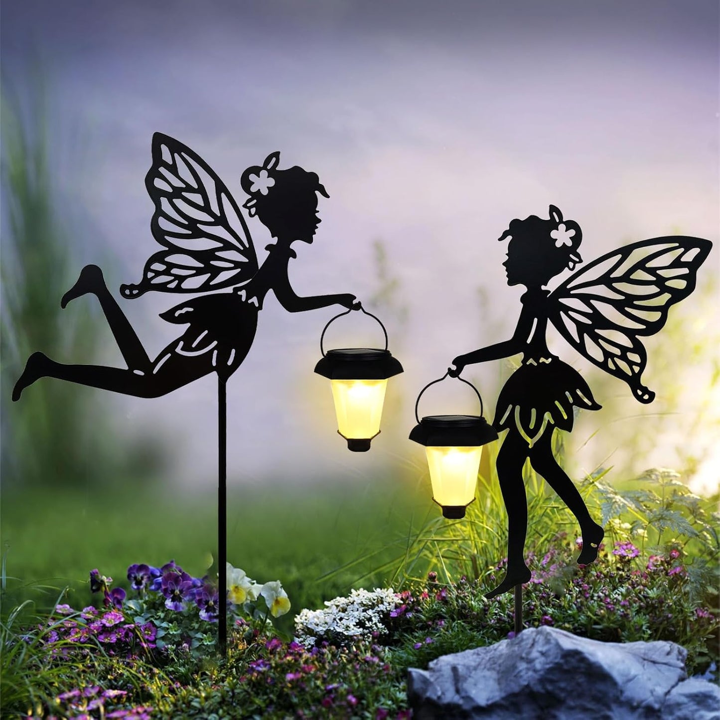 Solar Fairy Garden Stake Decorative Lantern, 2 Pack Metal Fairy Angel Garden Silhouette Lights for Lawn, Pathway, Patio, Yard Outdoor Decor