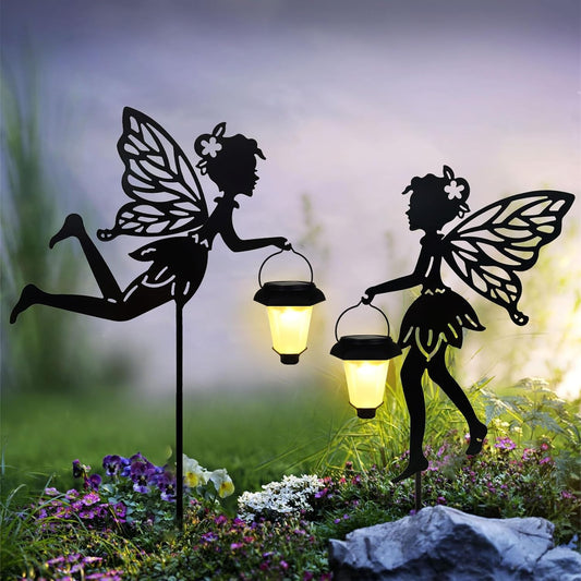 Solar Fairy Garden Stake Decorative Lantern, 2 Pack Metal Fairy Angel Garden Silhouette Lights for Lawn, Pathway, Patio, Yard Outdoor Decor