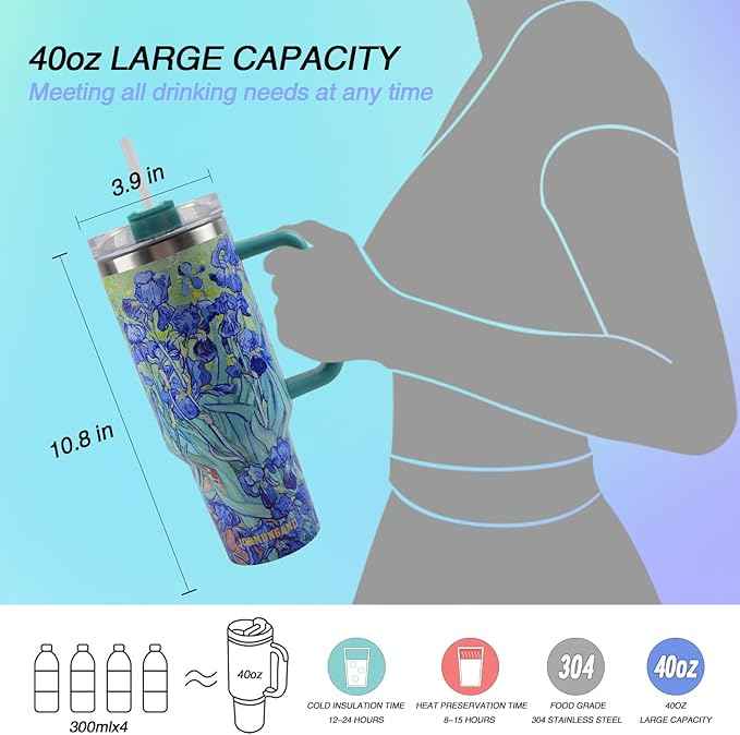 Jormungand 40 oz Tumbler with Handle and Straw, Vacuum Insulated Stainless Steel Cup & Water Bottle, Leakproof Lid, BPA-Free, Cup Holder Friendly for Travel, Keeps Drinks Hot & Cold Irises 2